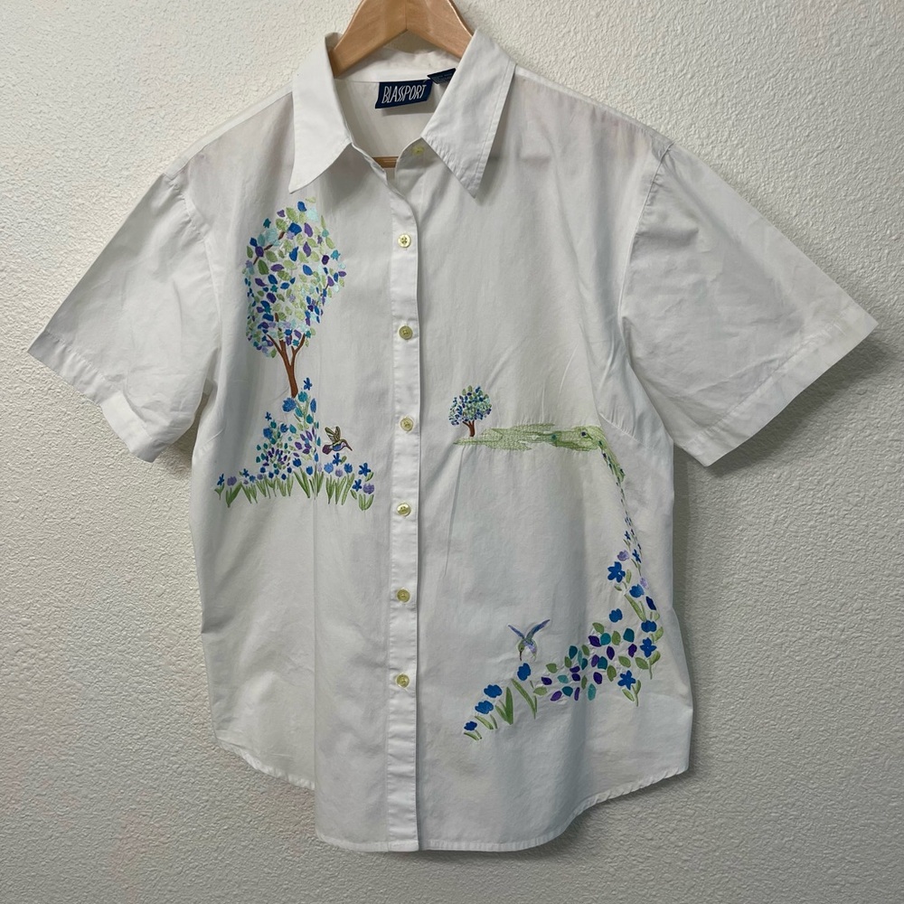 Blassport White Shirt with Blue and Green Embroidered leaves, Trees, Birds